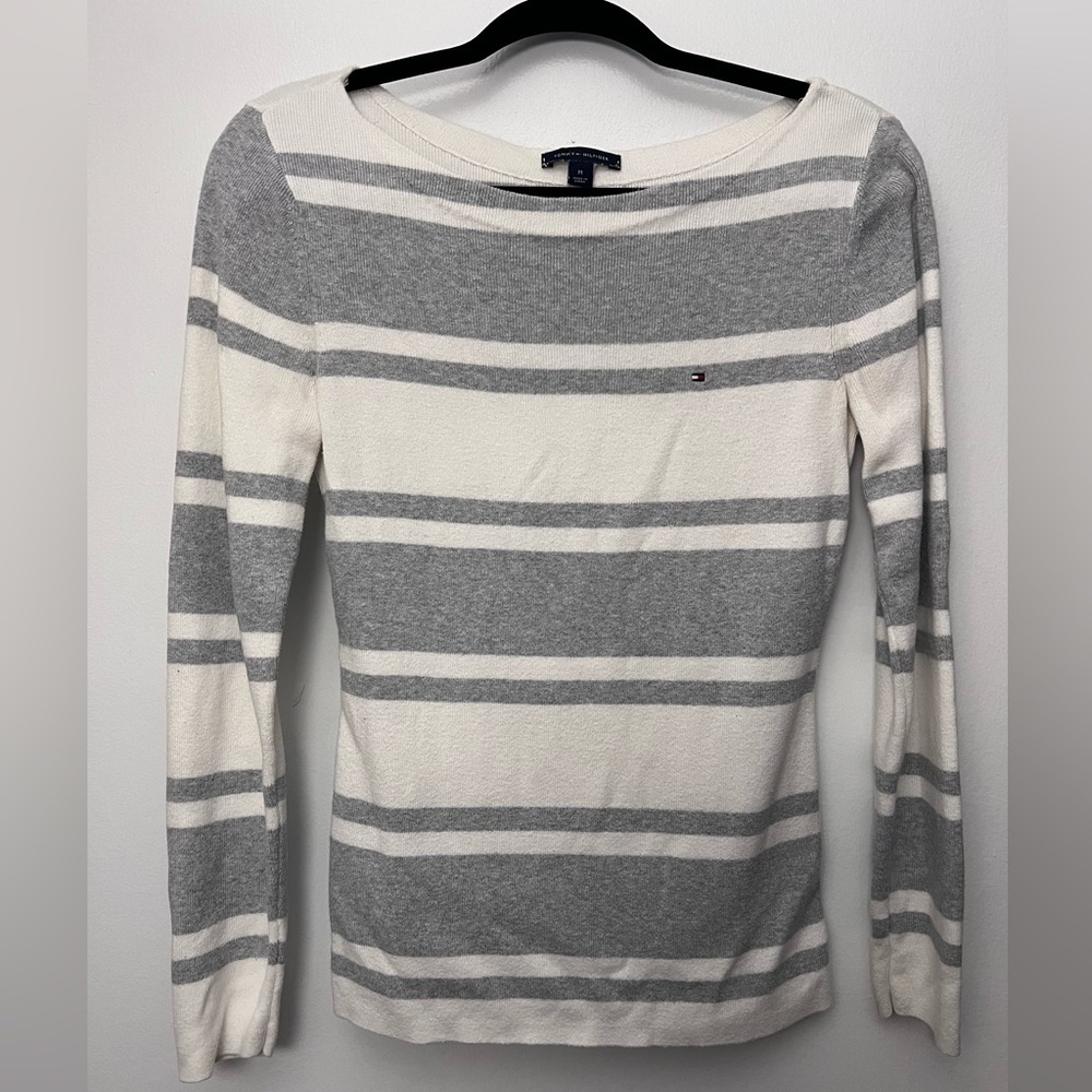 Tommy Hilfiger Gray and White Striped Sweater